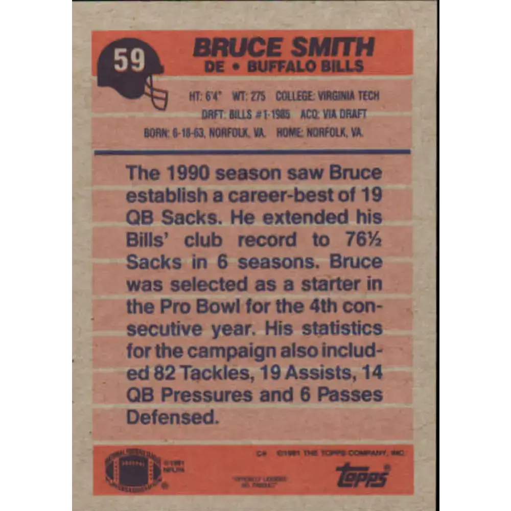 1991 Topps #59 Bruce Smith NM-MT Buffalo Bills Football Card - Football Card Single