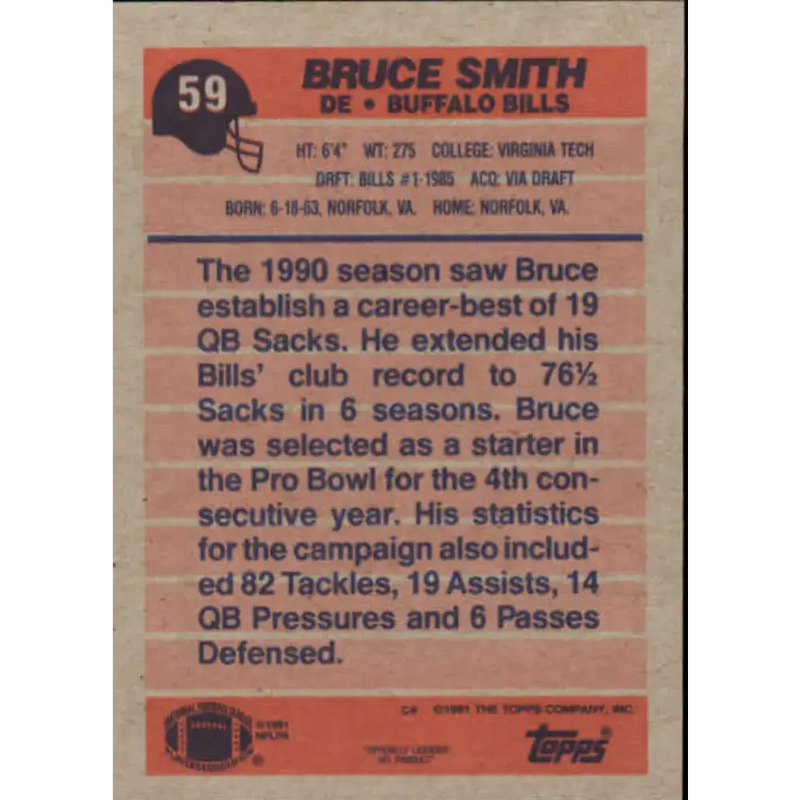 1991 Topps #59 Bruce Smith NM-MT Buffalo Bills Football Card - Football Card Single