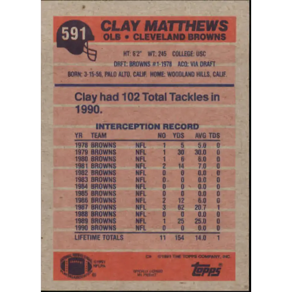 1991 Topps #591 Clay Matthews NM-MT Cleveland Browns Football Card - Football Card Single