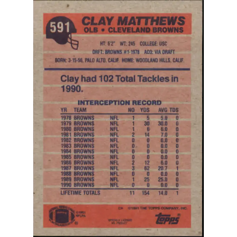 1991 Topps #591 Clay Matthews NM-MT Cleveland Browns Football Card - Football Card Single