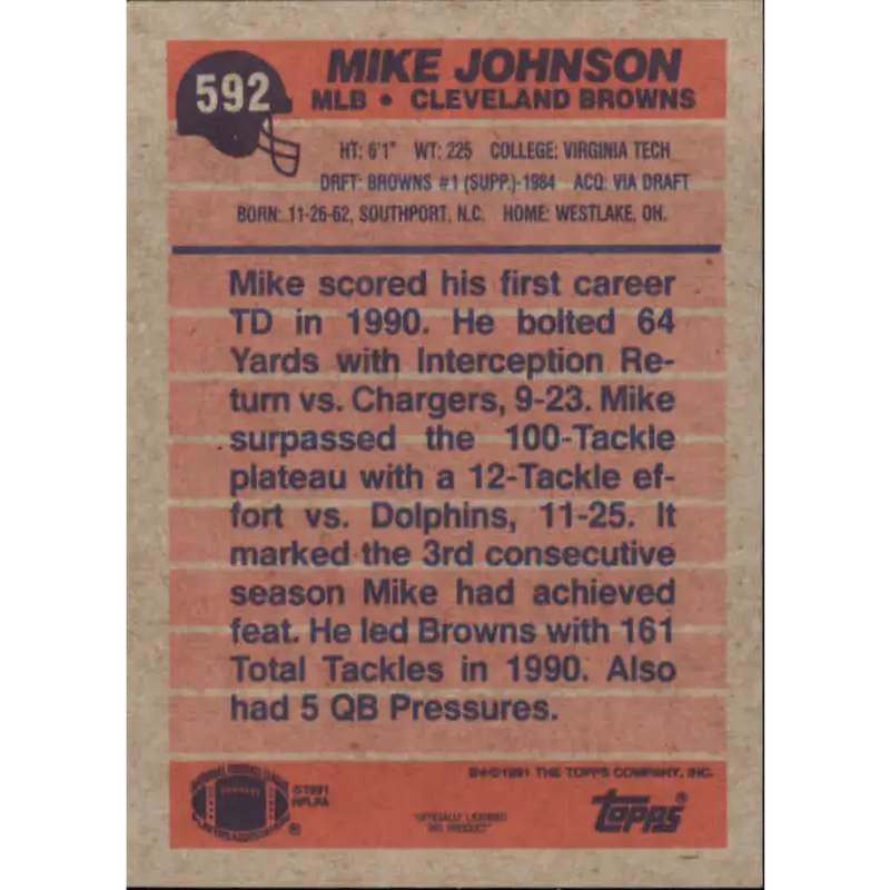 1991 Topps #592 Mike Johnson NM-MT Cleveland Browns Football Card - Football Card Single