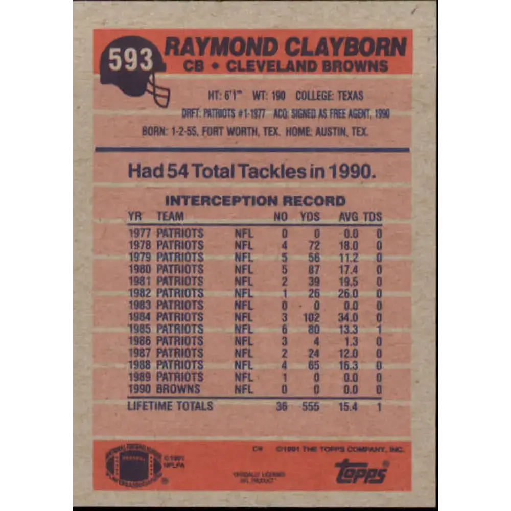 1991 Topps #593 Raymond Clayborn NM-MT Cleveland Browns Football Card - Football Card Single