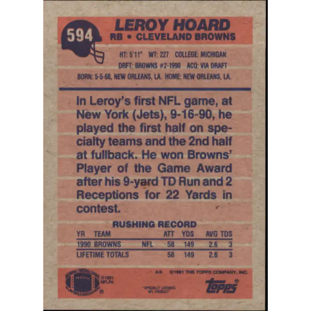 1991 Topps #594 Leroy Hoard NM-MT Cleveland Browns Football Card - Football Card Single