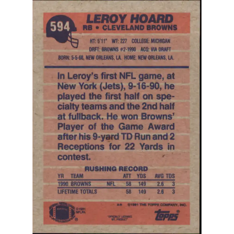 1991 Topps #594 Leroy Hoard NM-MT Cleveland Browns Football Card - Football Card Single