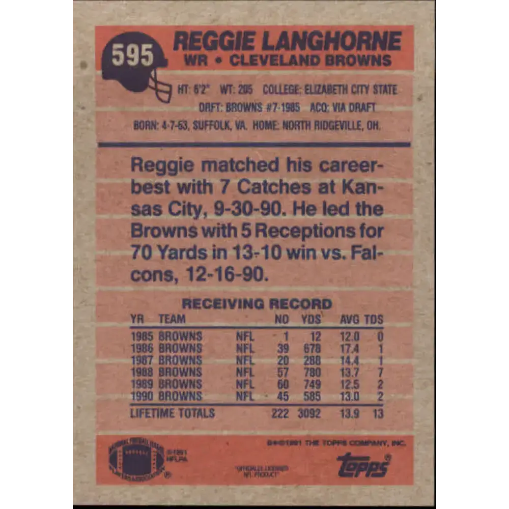 1991 Topps #595 Reggie Langhorne NM-MT Cleveland Browns Football Card - Football Card Single