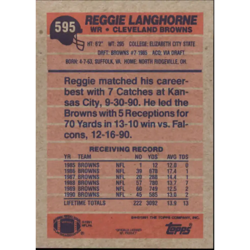 1991 Topps #595 Reggie Langhorne NM-MT Cleveland Browns Football Card - Football Card Single