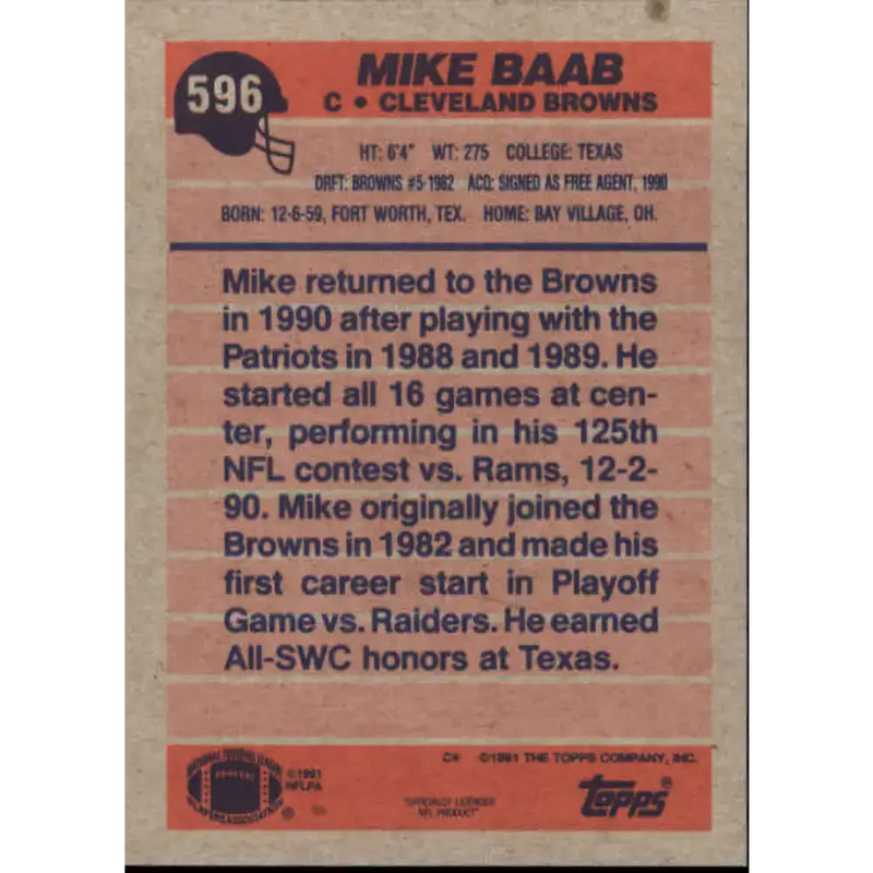 1991 Topps #596 Mike Baab NM-MT Cleveland Browns Football Card