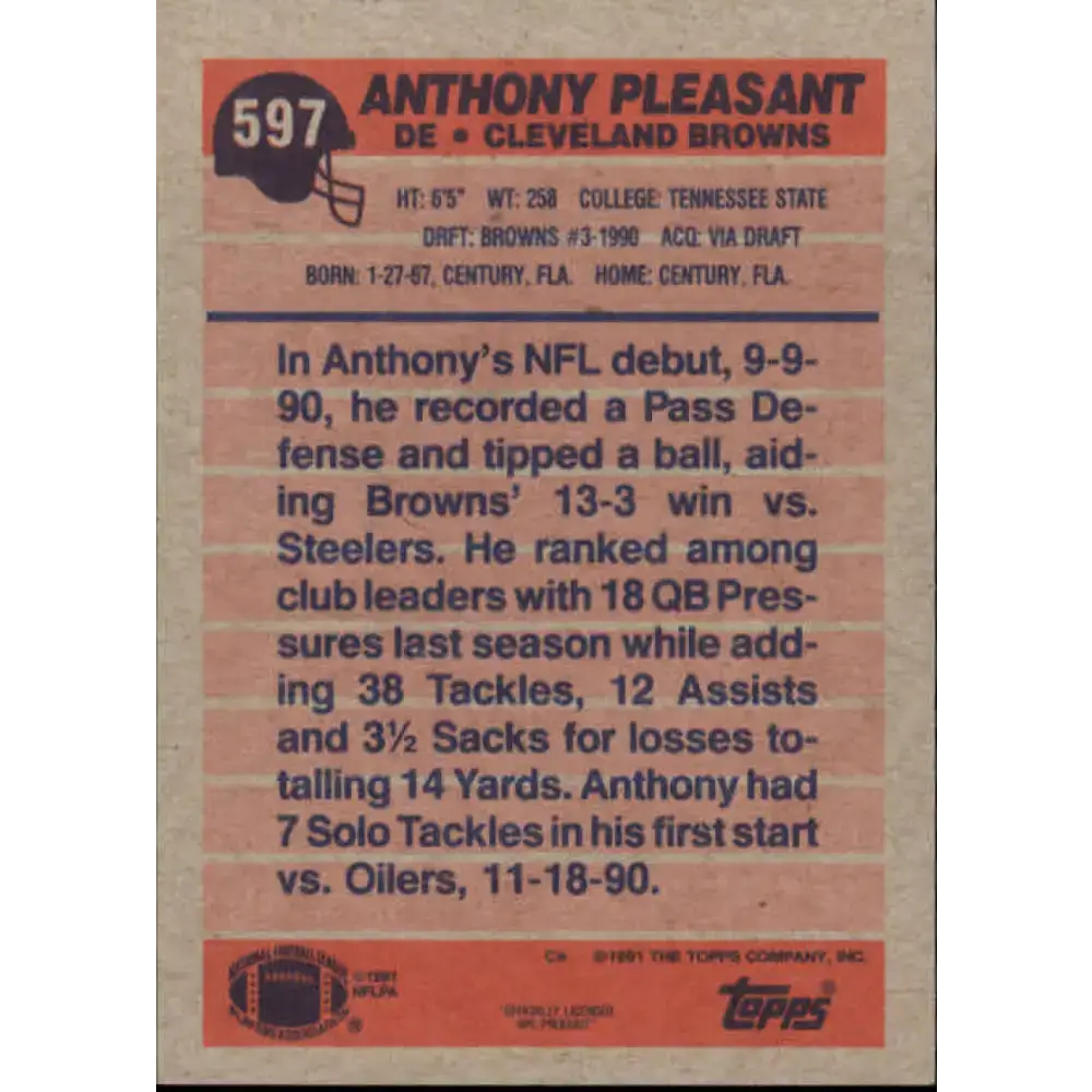 1991 Topps #597 Anthony Pleasant NM-MT Cleveland Browns Football Card - Football Card Single