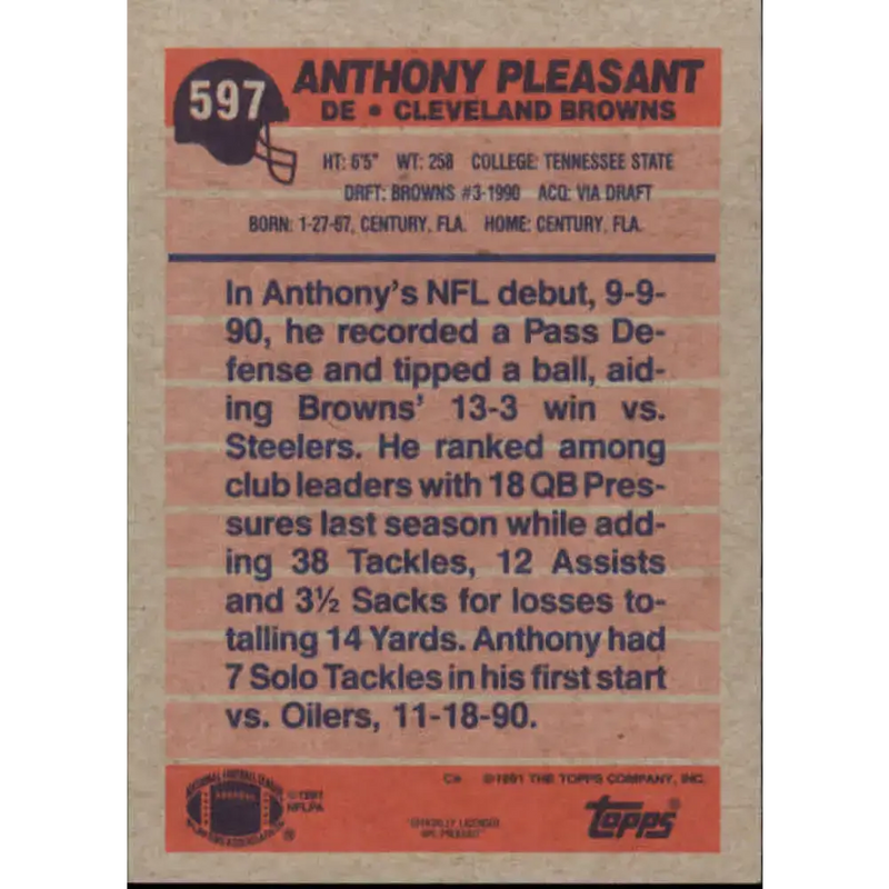 1991 Topps #597 Anthony Pleasant NM-MT Cleveland Browns Football Card - Football Card Single