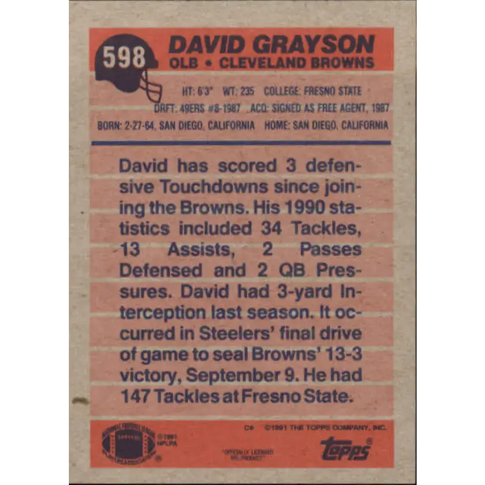 1991 Topps #598 David Grayson NM-MT Cleveland Browns Football Card - Football Card Single