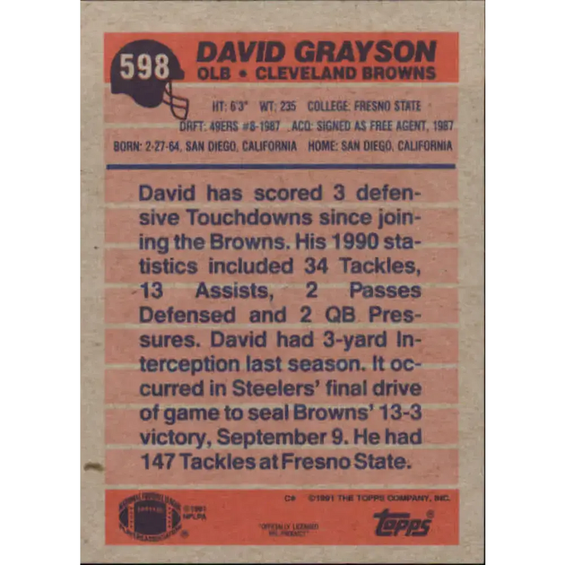 1991 Topps #598 David Grayson NM-MT Cleveland Browns Football Card - Football Card Single