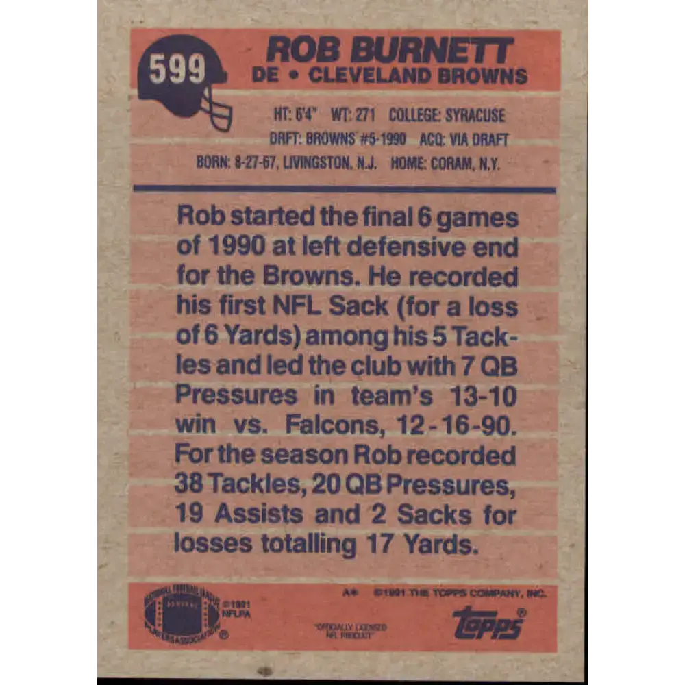 1991 Topps #599 Rob Burnett NM-MT RC Rookie Cleveland Browns Football Card - Football Card Single