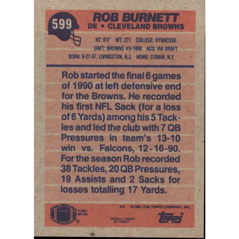 1991 Topps #599 Rob Burnett NM-MT RC Rookie Cleveland Browns Football Card - Football Card Single