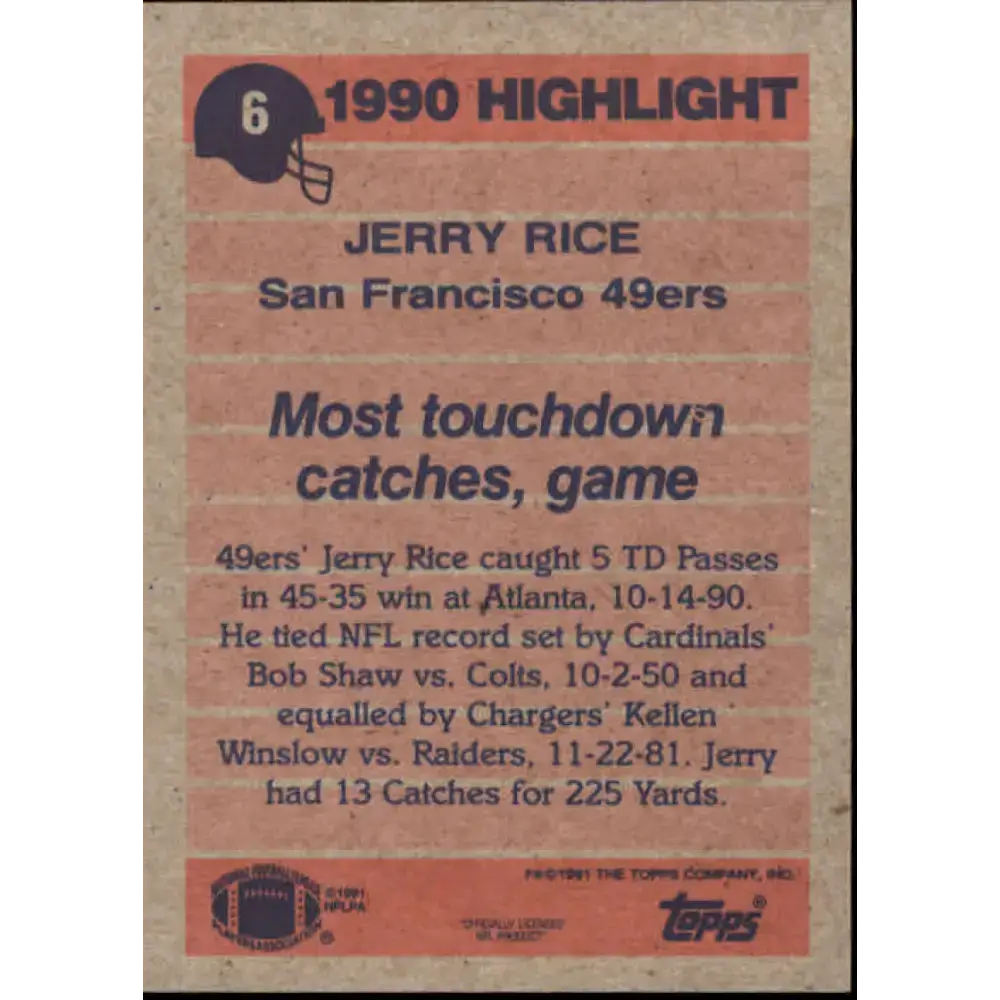 1991 Topps #6 Jerry Rice NM-MT San Francisco 49ers Football Card - Football Card Single