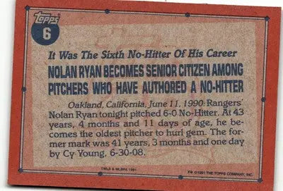Back of 1991 Topps Nolan Ryan baseball card showing player stats and info