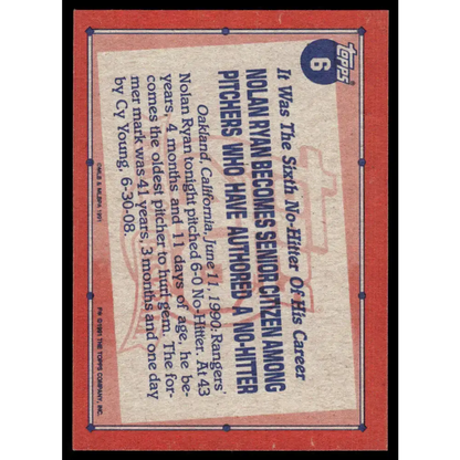 1991 Topps #6 Nolan Ryan EX/NM Texas Rangers Baseball Card