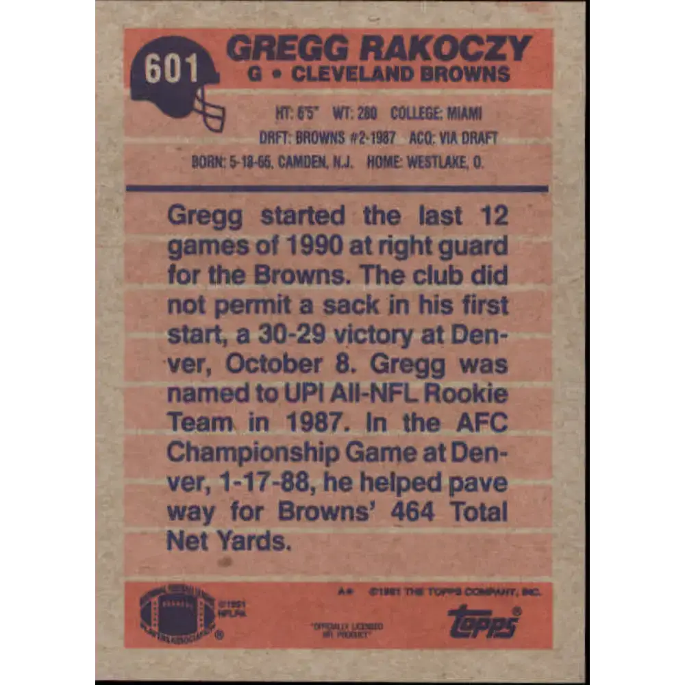 1991 Topps #601 Gregg Rakoczy NM-MT Cleveland Browns Football Card - Football Card Single