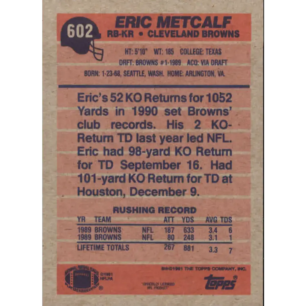 1991 Topps #602 Eric Metcalf NM-MT Cleveland Browns Football Card - Football Card Single