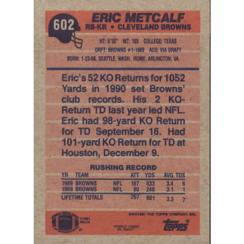 1991 Topps #602 Eric Metcalf NM-MT Cleveland Browns Football Card - Football Card Single
