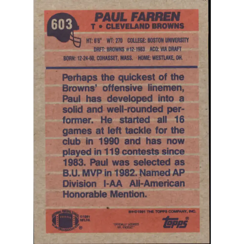 1991 Topps #603 Paul Farren NM-MT Cleveland Browns Football Card - Football Card Single