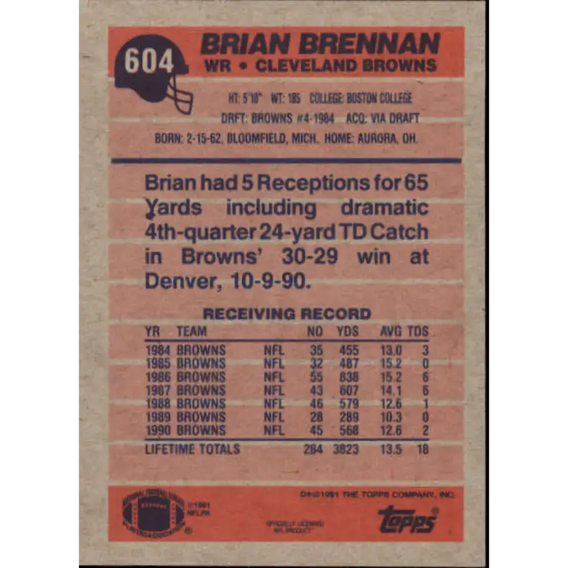 1991 Topps #604 Brian Brennan NM-MT Cleveland Browns Football Card - Football Card Single