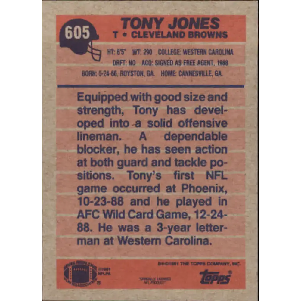 1991 Topps #605 Tony Jones NM-MT RC Rookie Cleveland Browns Football Card