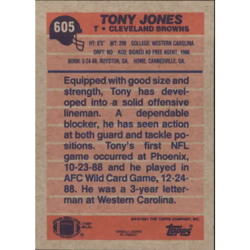 1991 Topps #605 Tony Jones NM-MT RC Rookie Cleveland Browns Football Card