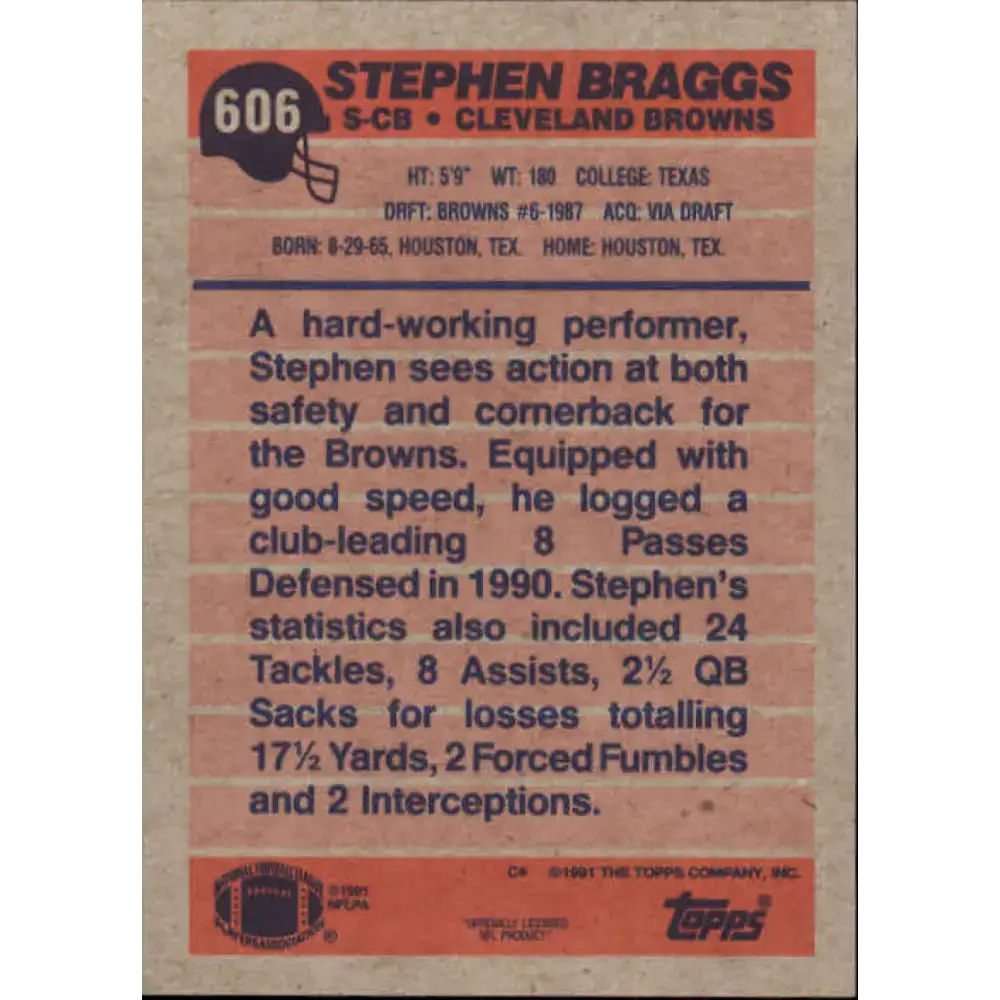 1991 Topps #606 Stephen Braggs NM-MT Cleveland Browns Football Card - Football Card Single