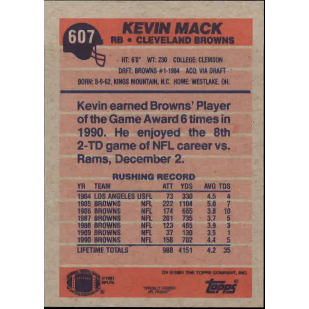 1991 Topps #607 Kevin Mack NM-MT Cleveland Browns Football Card - Football Card Single