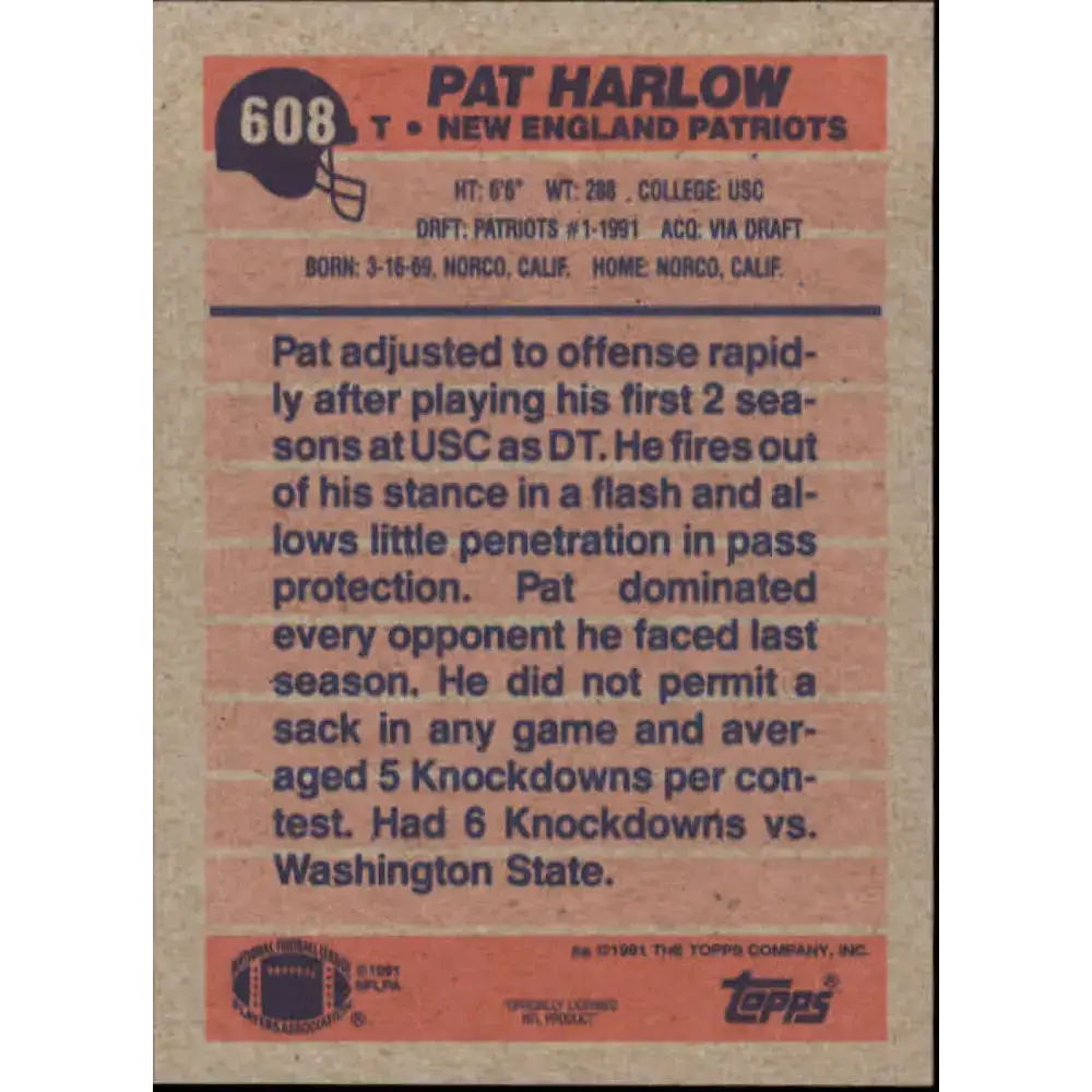 1991 Topps #608 Pat Harlow NM-MT RC Rookie New England Patriots Football Card - Football Card Single