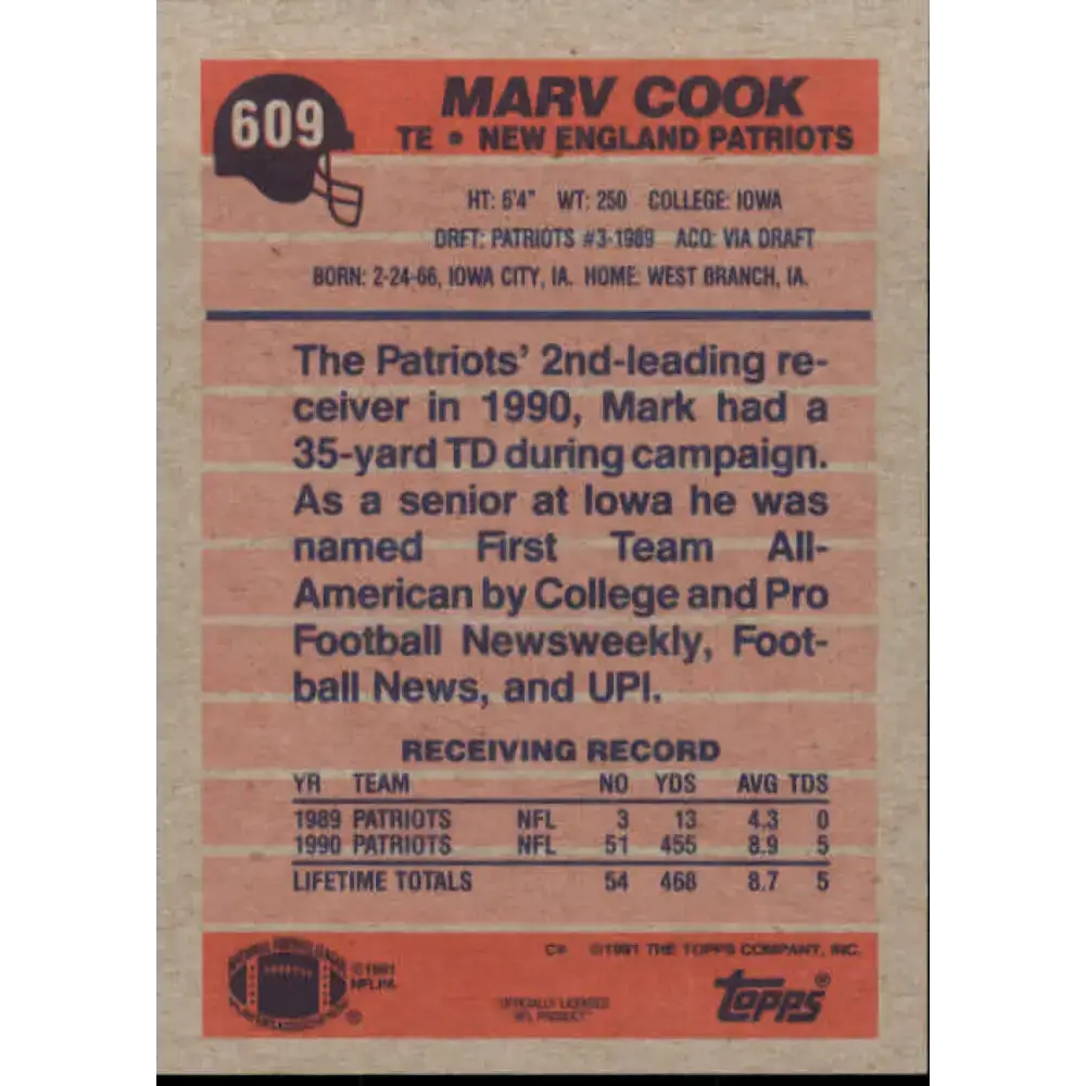 1991 Topps #609 Marv Cook NM-MT New England Patriots Football Card - Football Card Single