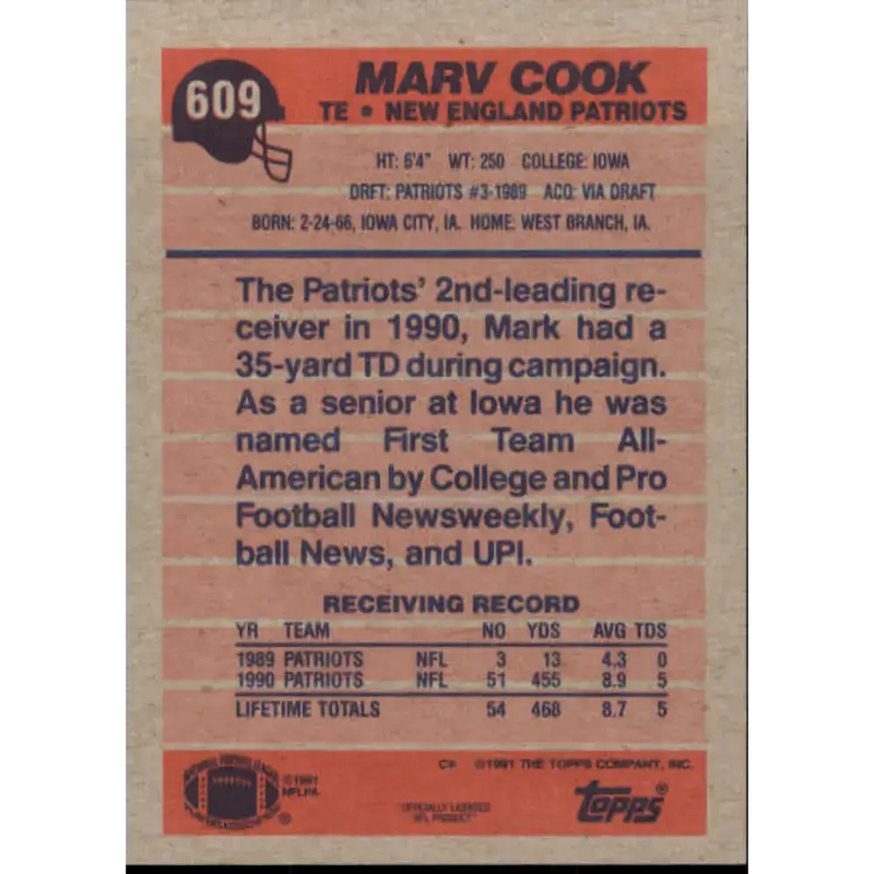1991 Topps #609 Marv Cook NM-MT New England Patriots Football Card - Football Card Single