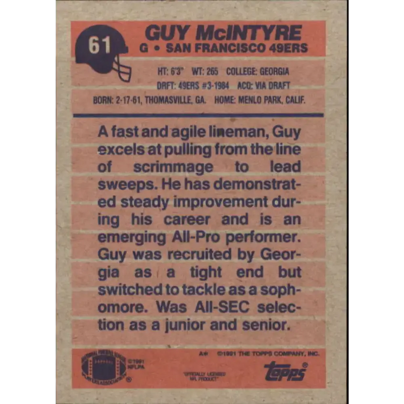 1991 Topps #61 Guy McIntyre NM-MT San Francisco 49ers Football Card - Football Card Single