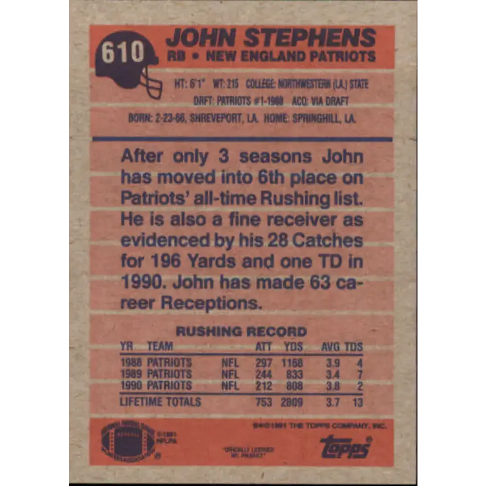 1991 Topps #610 John Stephens NM-MT New England Patriots Football Card - Football Card Single