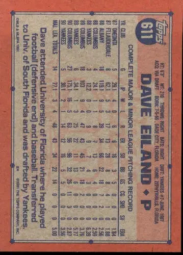 Original gloss Dave Eiland baseball card from 1991 Topps #611 NM-MT Yankees