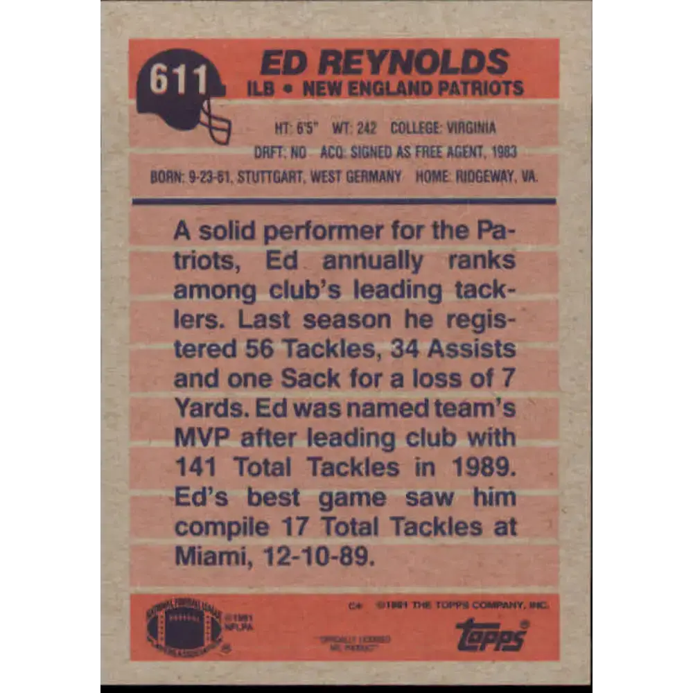 1991 Topps #611 Ed Reynolds NM-MT New England Patriots Football Card - Football Card Single