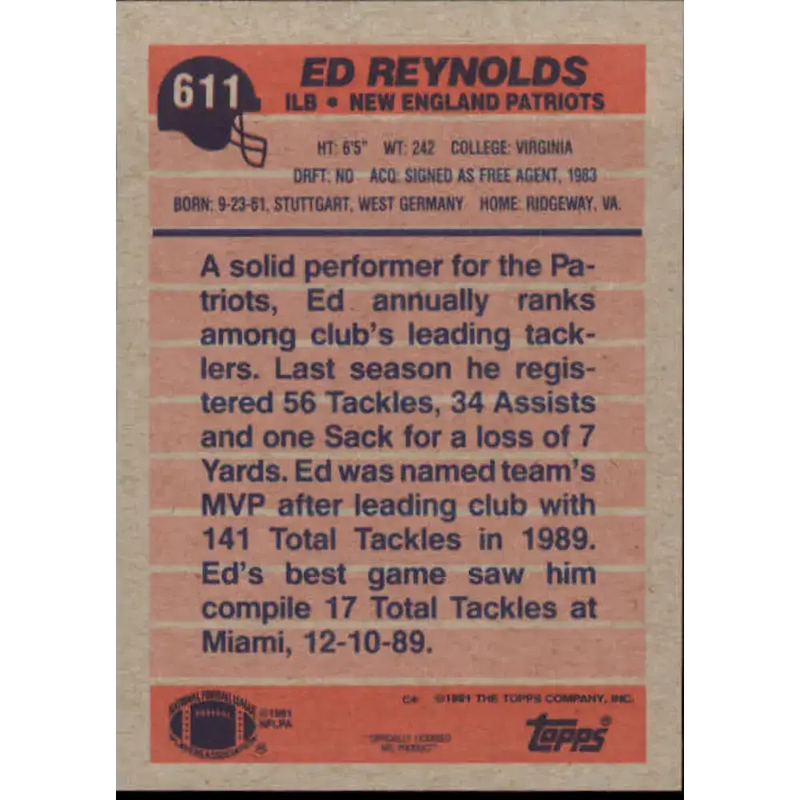1991 Topps #611 Ed Reynolds NM-MT New England Patriots Football Card - Football Card Single