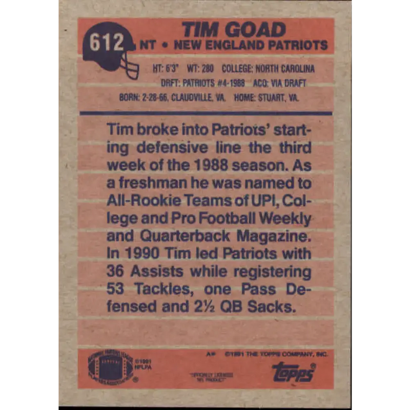 1991 Topps #612 Tim Goad NM-MT New England Patriots Football Card
