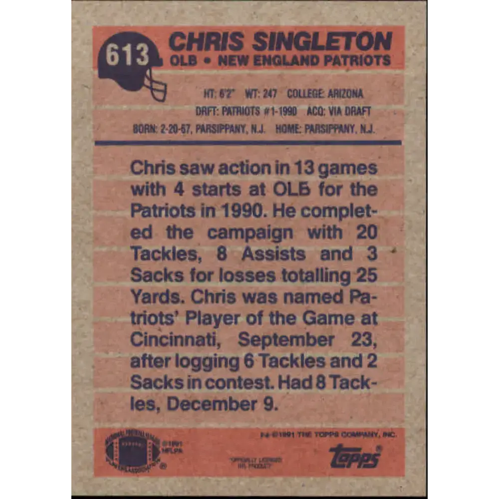1991 Topps #613 Chris Singleton NM-MT New England Patriots Football Card - Football Card Single