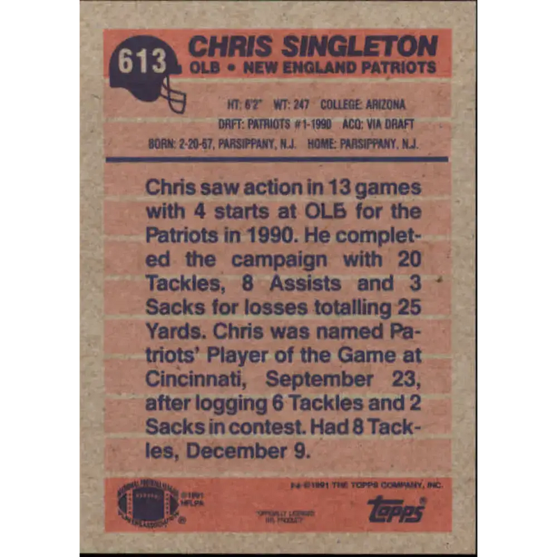 1991 Topps #613 Chris Singleton NM-MT New England Patriots Football Card - Football Card Single