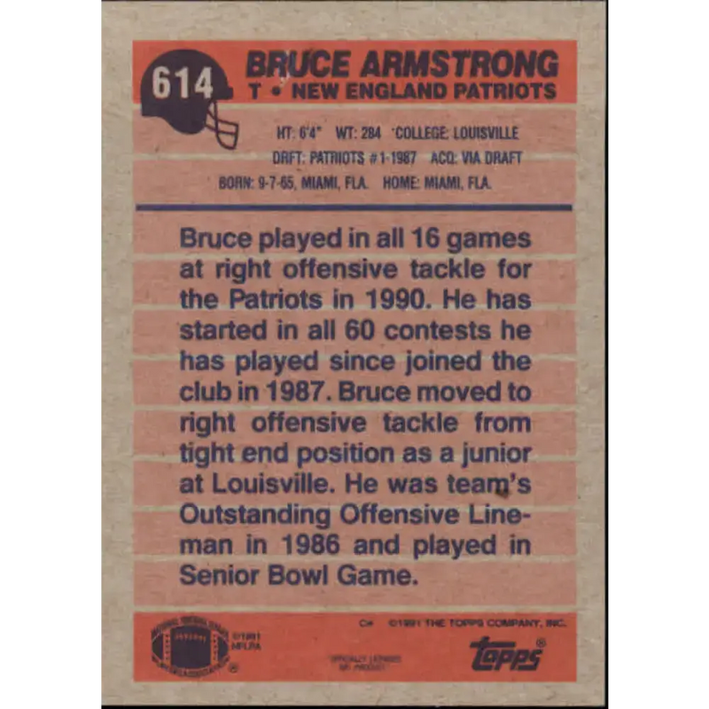 1991 Topps #614 Bruce Armstrong NM-MT New England Patriots Football Card - Football Card Single