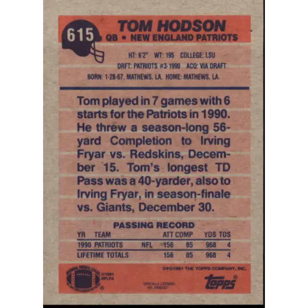 1991 Topps #615 Tom Hodson NM-MT New England Patriots Football Card - Football Card Single