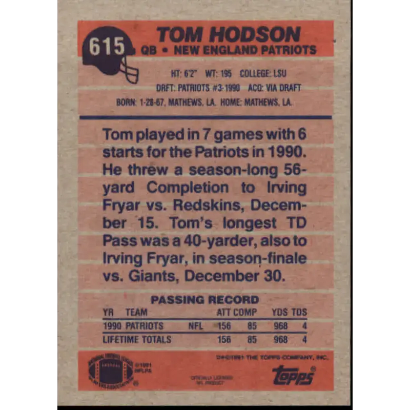 1991 Topps #615 Tom Hodson NM-MT New England Patriots Football Card - Football Card Single