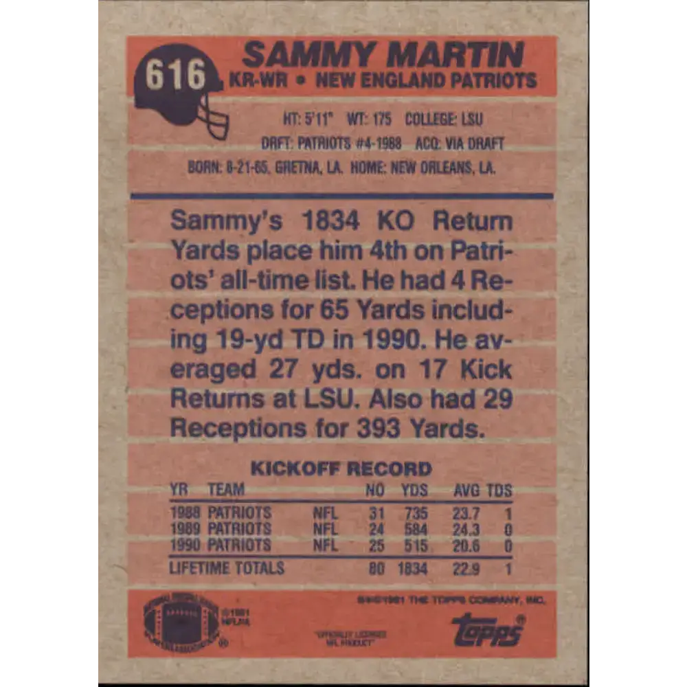 1991 Topps #616 Sammy Martin NM-MT New England Patriots Football Card - Football Card Single