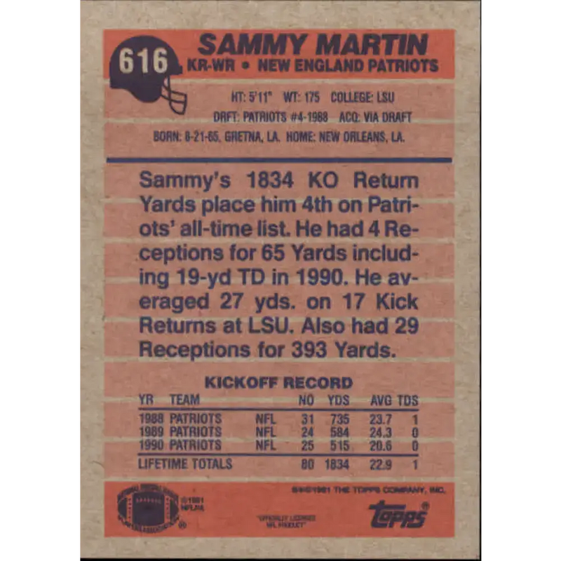 1991 Topps #616 Sammy Martin NM-MT New England Patriots Football Card - Football Card Single