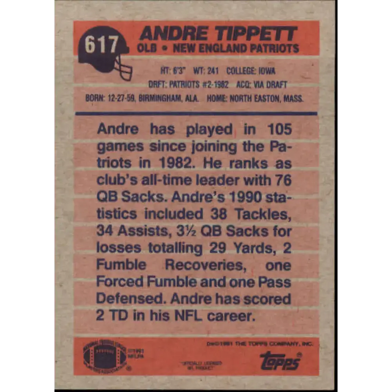 1991 Topps #617 Andre Tippett NM-MT New England Patriots Football Card