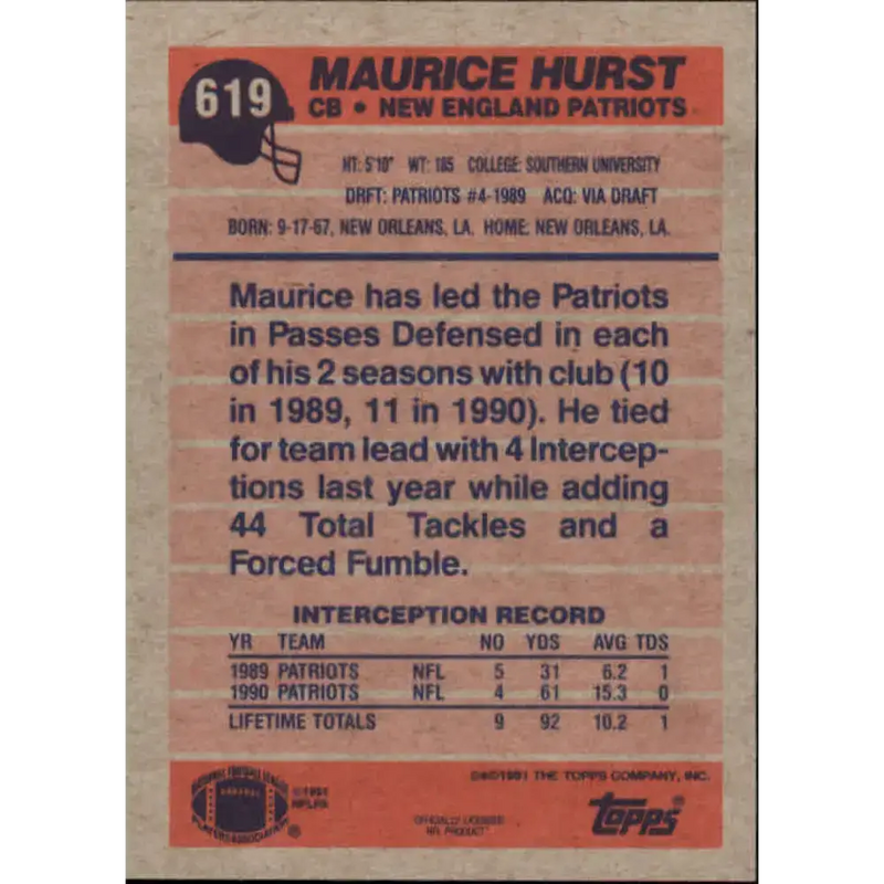 1991 Topps #619 Maurice Hurst NM-MT New England Patriots Football Card