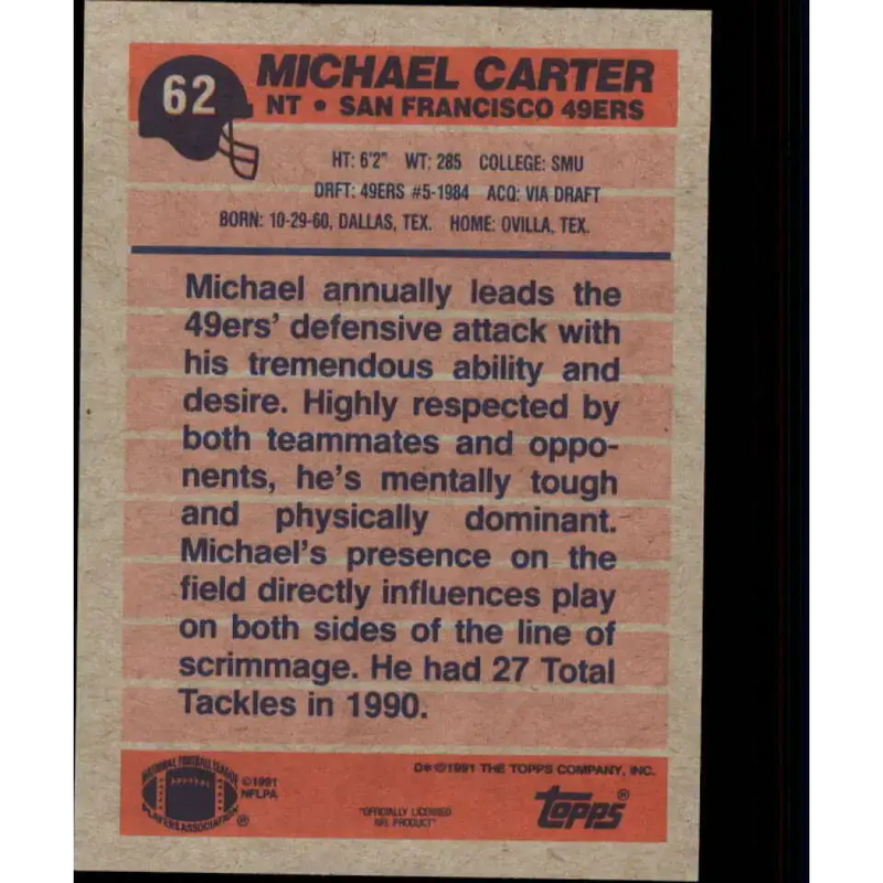 1991 Topps #62 Michael Carter NM-MT San Francisco 49ers Football Card - Football Card Single