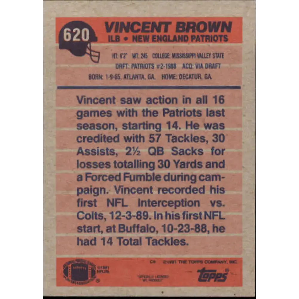 1991 Topps #620 Vincent Brown NM-MT New England Patriots Football Card - Football Card Single