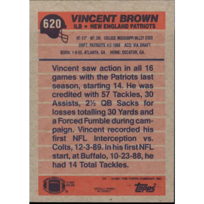 1991 Topps #620 Vincent Brown NM-MT New England Patriots Football Card - Football Card Single